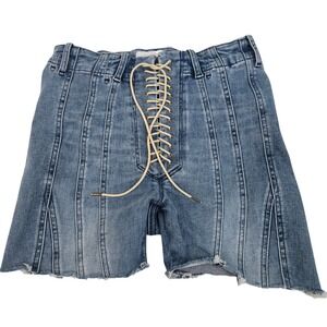 FRAME Le Jane Lace Up Denim Shorts Distressed Raw Hem Blue Sz 25 Lt Wash Paneled
